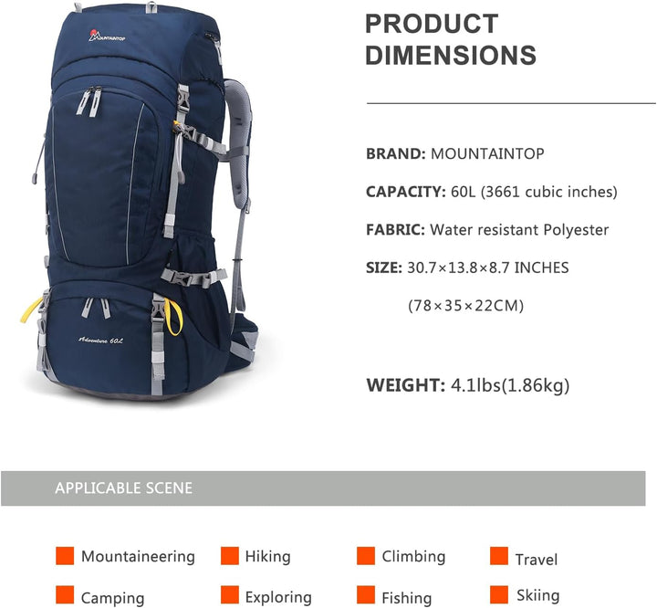 Mountaintop Trekkingrucksack 60L Wanderrucksack Herren Damen Reiserucksack Grosser Rucksack mit Rege