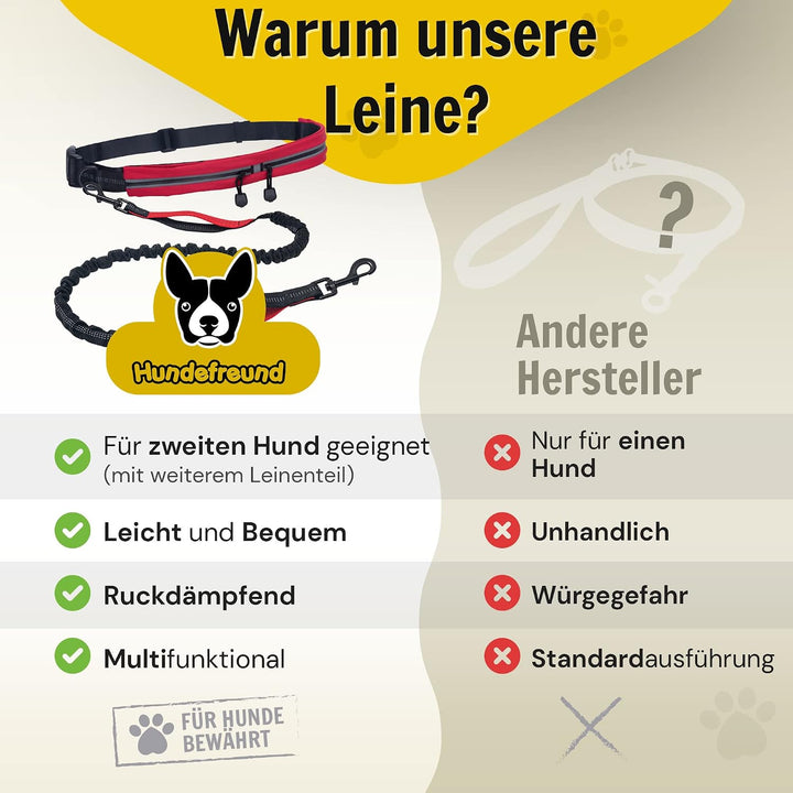 Hundefreund Joggingleine mit Bauchgurt Rot | Laufleine Elastisch Ruckdämpfend Reflektierend für mitt