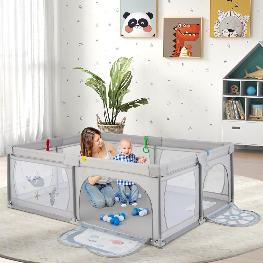 GOPLUS Baby Laufstall mit 50 Spielbällen, Krabbelgitter für Kleinkinder & Säulinge, Laufgitterzelt m