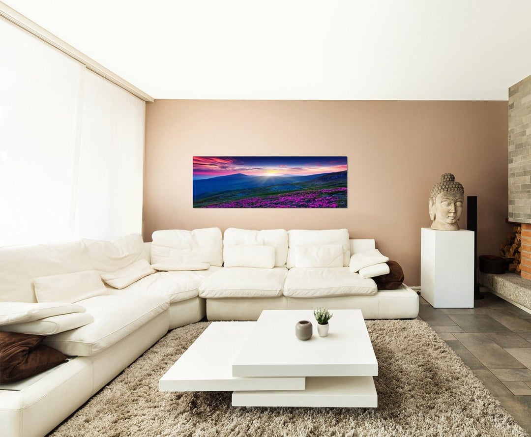 Paul Sinus Art Panoramabild auf Leinwand und Keilrahmen 120x40cm Ukraine Berge Wiese Blumen Abendrot