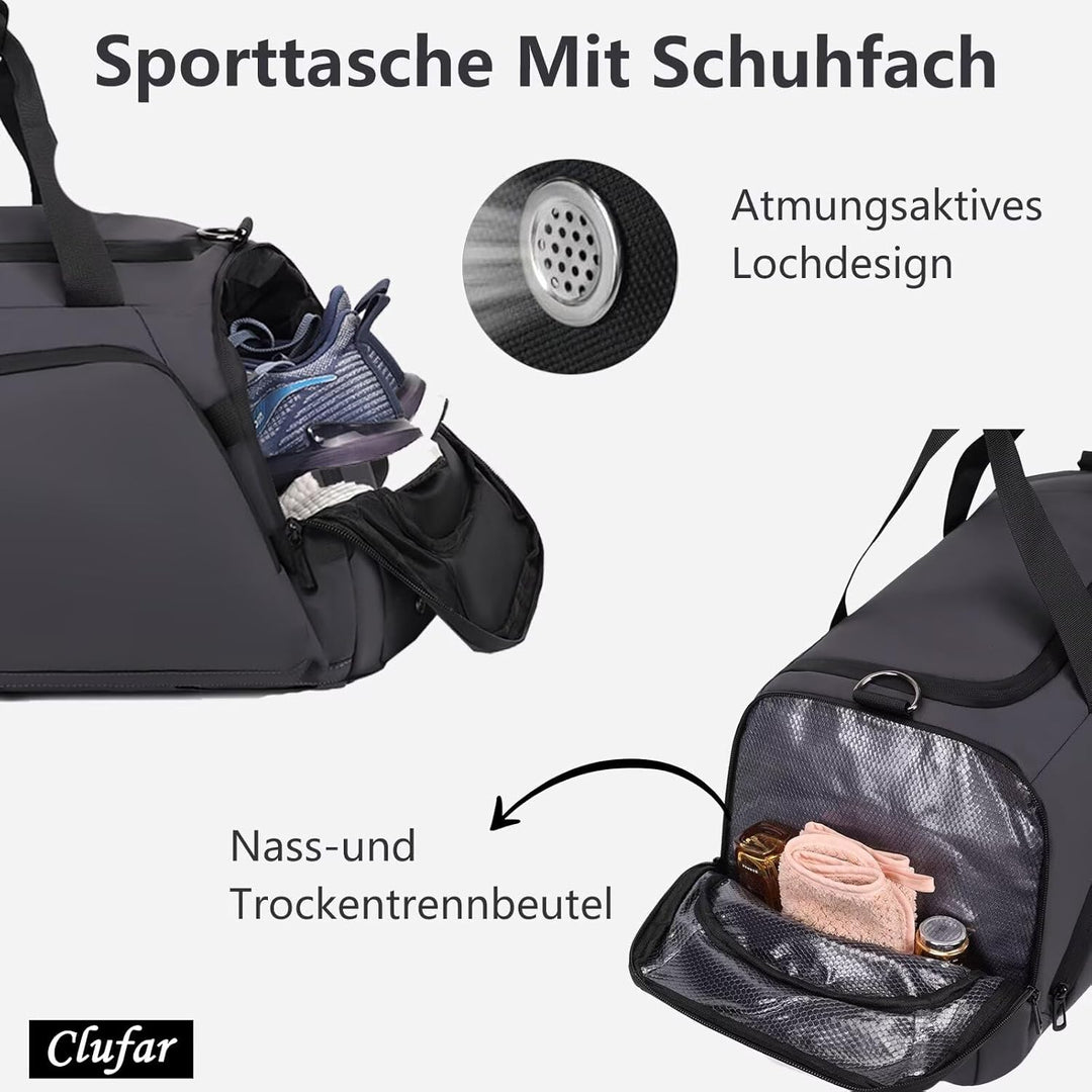 Sporttasche Herren mit Schuhfach Nassfach Gross 40L Reisetasche Rucksack Grau Duffel Fitness Bag Tra