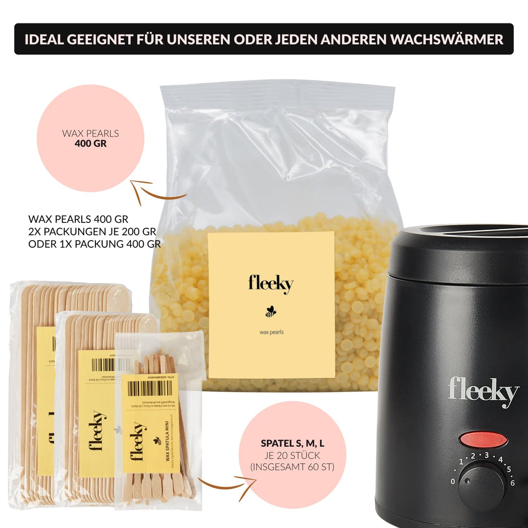 Fleeky Waxing Set 400 g Wachsperlen aus Bienenwachs &amp; 60 Holzspatel S, M, L – Warmwachs Haarentfernu