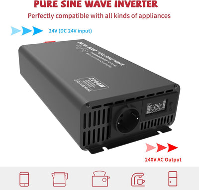 DATOUBOSS Wechselrichter 24V auf 230V Reiner Sinus mit 1 EU Steckdose & USB-Port-inkl& LCD Anzeige S