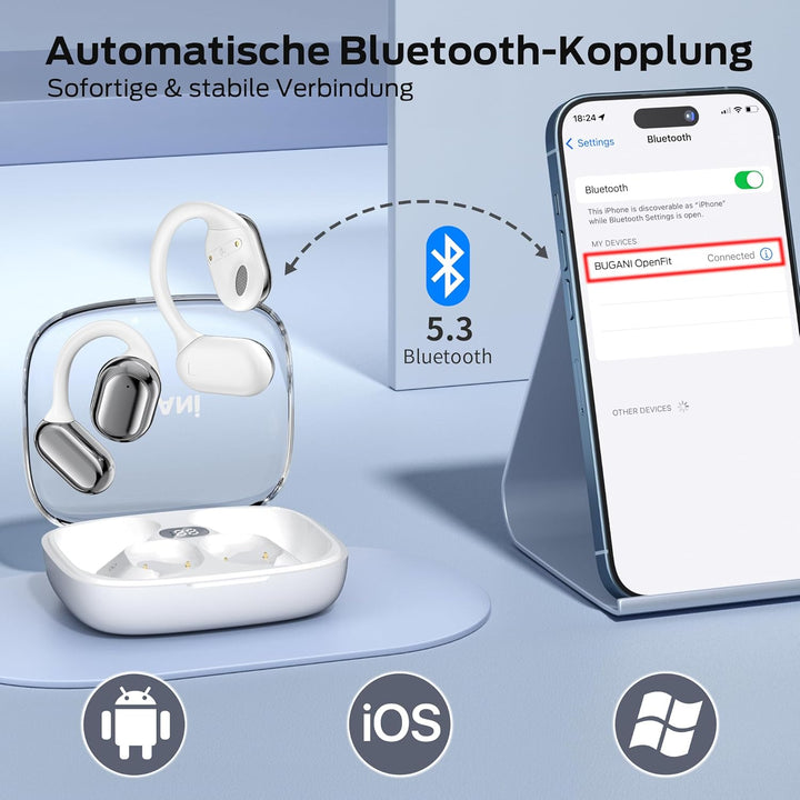 BUGANI Open Ear Kopfhörer, Ohrhaken Kopfhörer Kabellos Bluetooth IPX6 Wasserdicht, 30H Laufzeit, Blu