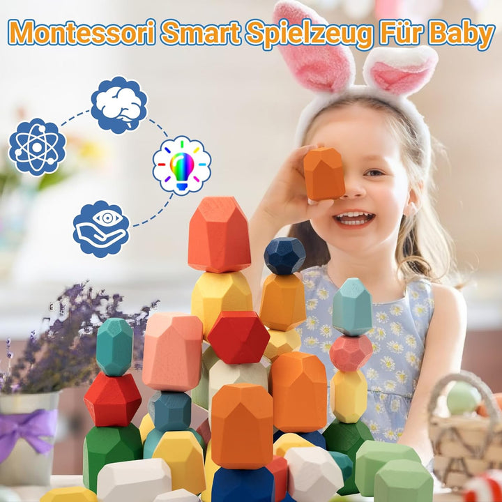 RunHero 39 Stück Stapelsteine Balanciersteine Montessori Holz Bauklötze Spielzeug für Kinder Stapelt