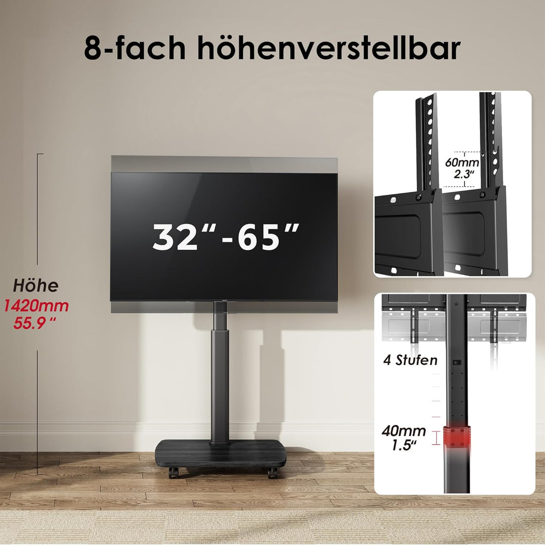 AOKCOS TV Ständer Rollbar mit Holzablage, Fernsehständer auf Rollen für 32-65 Zoll Fernseher, TV Bod
