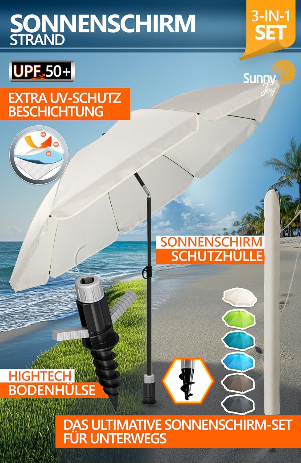 4smile Sonnenschirm Strand SunnyJoy, 3-IN-1 Set - UPF 50+ Strandschirm 160 cm + Sonnenschirm Schutzh