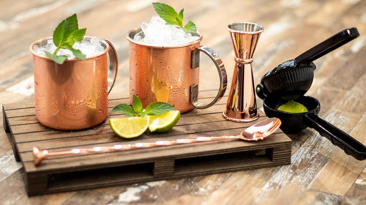 Buddy´s Bar - Moscow Mule Komplett Set, 2 x 500 ml Cocktail-Becher, 27 cm Barlöffel, 5cl Barmass &amp; S