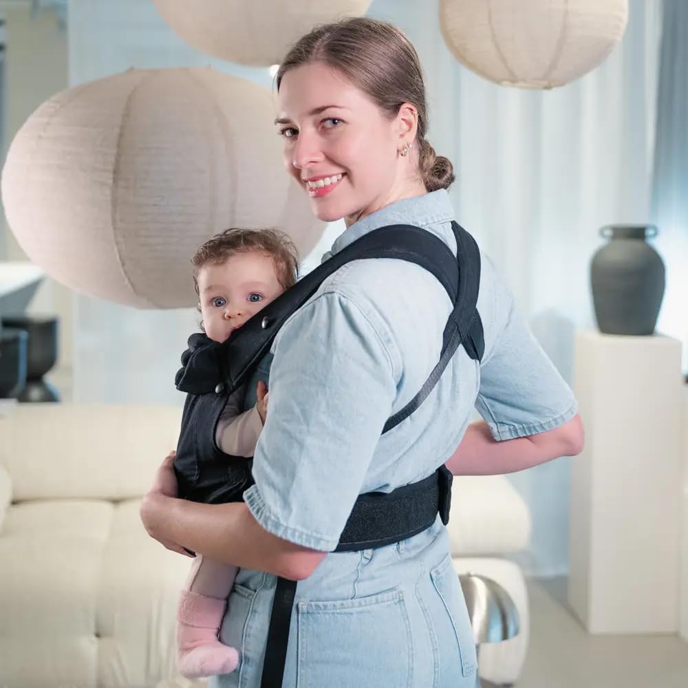 LIINI® Babytrage aus Baumwolle (Schwarz) – ab Geburt (3,5 kg) bis 15 kg, verstellbare Träger, Kopfst
