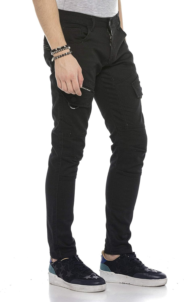 Cipo & Baxx Herren Jeanshose Design Cargohose Regular Fit Straght Biker Pants Used Jeans Hose Schwar