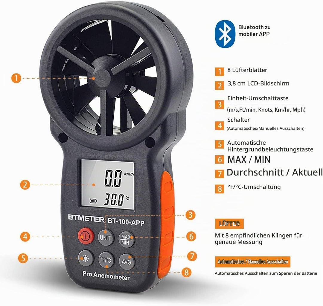 BTMETER Windmesser Digital Windgeschwindigkeits-Anemometer-Handheld,drahtloses Bluetooth-Flügelrad-A
