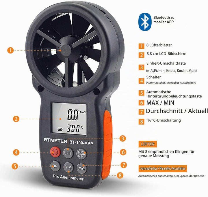 BTMETER Windmesser Digital Windgeschwindigkeits-Anemometer-Handheld,drahtloses Bluetooth-Flügelrad-A