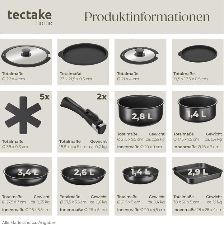tectake® 47-tlg. Küchenstarterset, Steingut Geschirrset 6 Personen, Tassen, Teller Set, 2x Kochtopf,