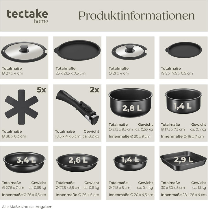 tectake® 47-tlg. Küchenstarterset, Steingut Geschirrset 6 Personen, Tassen, Teller Set, 2x Kochtopf,