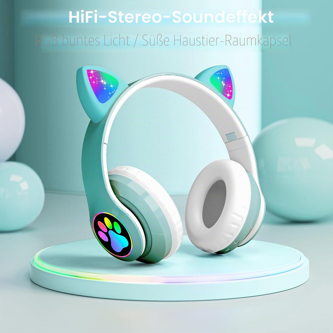 OHAANYY Katzenohr Kopfhörer Kindergeburtstag Geschenke Kind LED Katzenohren Einhorn Bluetooth Kabell