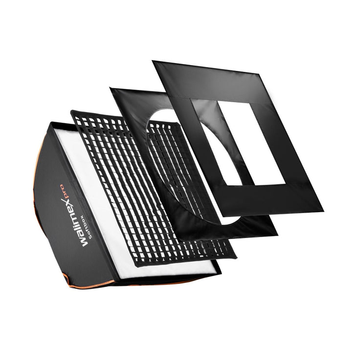 Walimex pro Softbox mit Gitter 40x40cm quadratisch I Inkl. 3cm Grid, Masken & Diffusor I Lichtformer