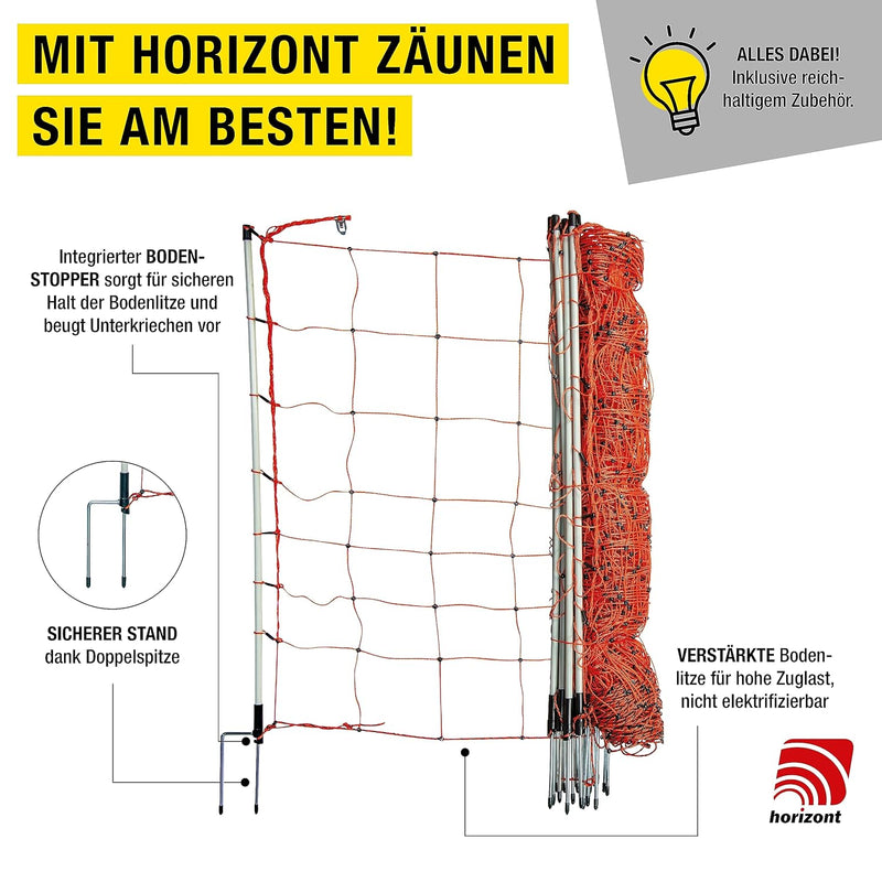 horizont strongLine Schafzaun 50m, 90cm hoch -14 Fiberglaspfähle Schafnetz mit Doppelspitze - mit St