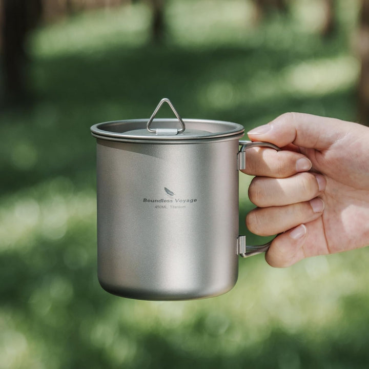 iBasingo 450ml Camping Becher Outdoor Tasse Titan Trinkbecher Mug mit Deckel & Klappgriff Ultraleich