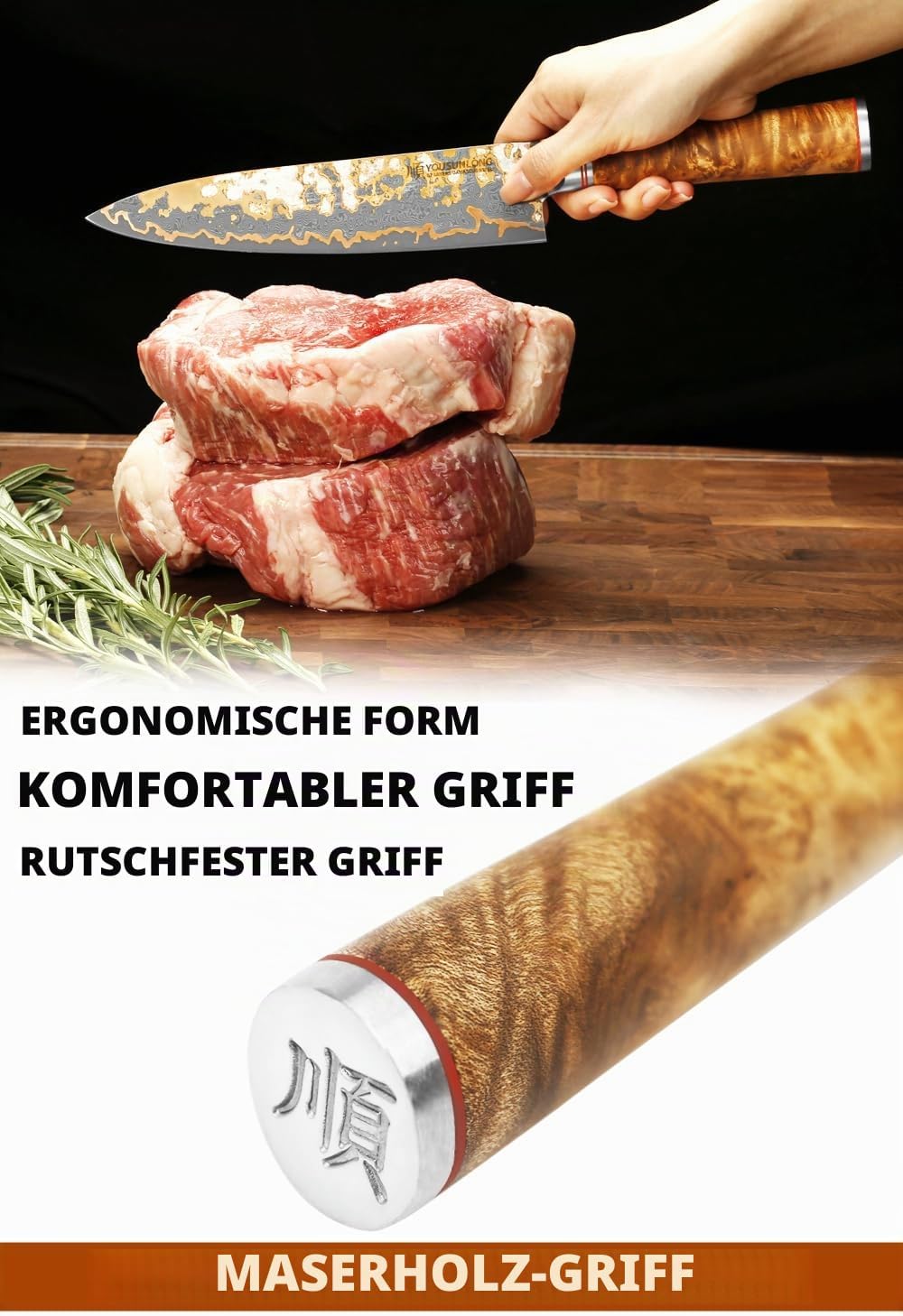YOUSUNLONG Professionelles Kochmesser - 200mm Klinge Japanischer Handgefertigter Kupfer Damast Stahl