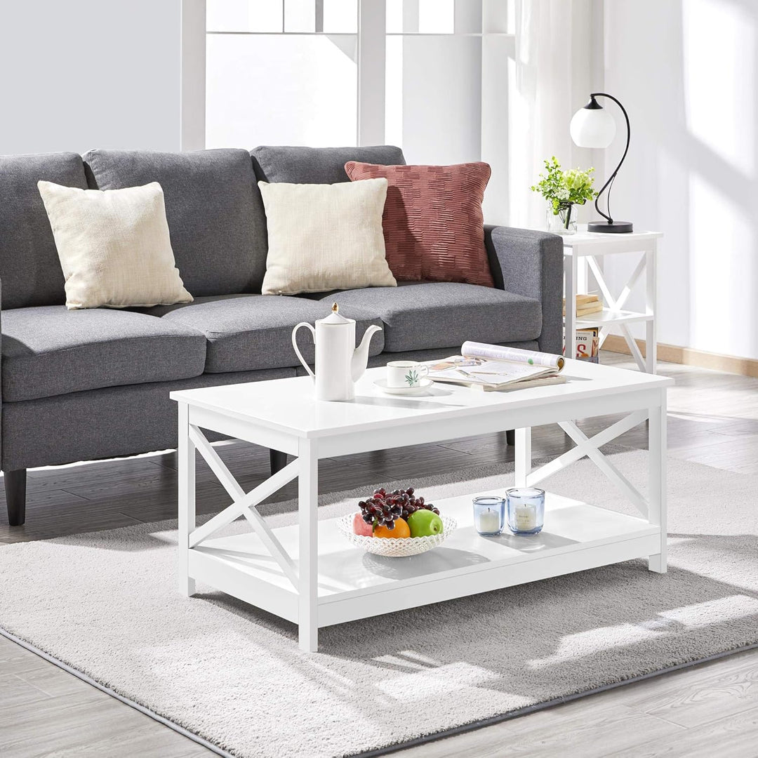 Yaheetech Couchtisch Kaffeetisch mit 2 Ablagen Sofatisch X-Form Stütze Wohnzimmertisch aus Holz Einf