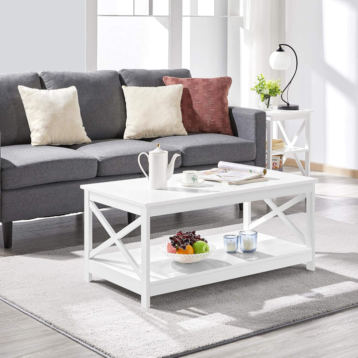 Yaheetech Couchtisch Kaffeetisch mit 2 Ablagen Sofatisch X-Form Stütze Wohnzimmertisch aus Holz Einf