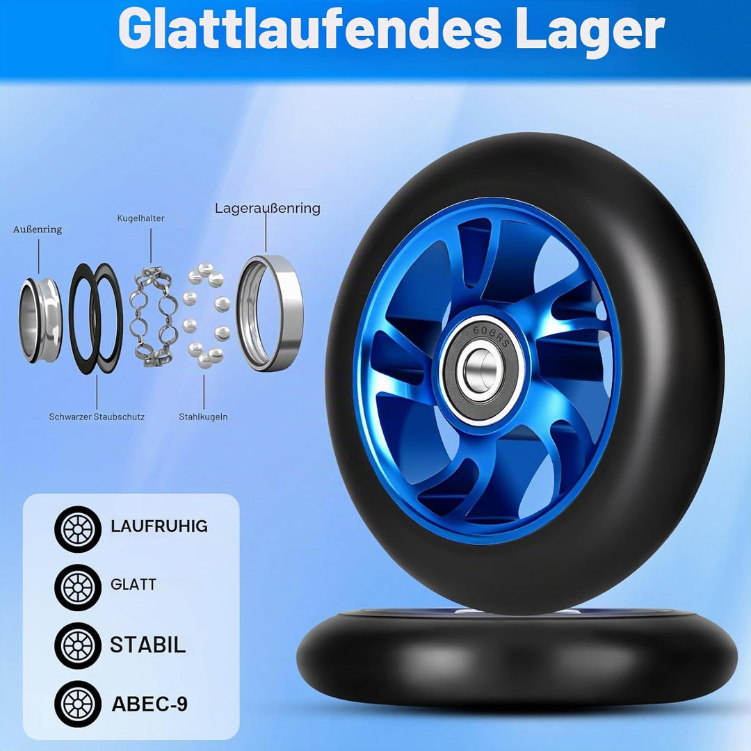 100mm Stunt Scooter Rollen Roller Reifen, 2 Stück Scooter Ersatzräder mit ABEC-9 Lagern, Härtegrad 8