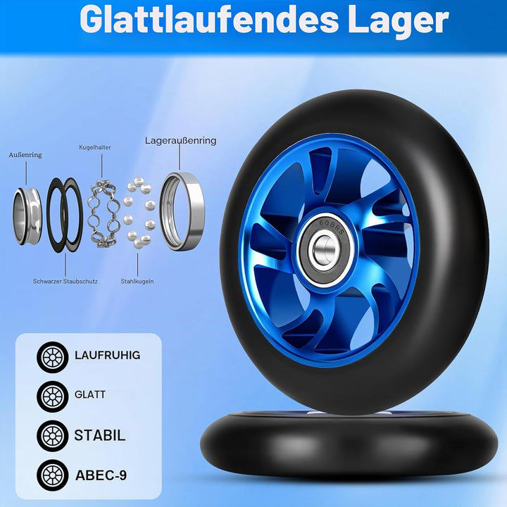 100mm Stunt Scooter Rollen Roller Reifen, 2 Stück Scooter Ersatzräder mit ABEC-9 Lagern, Härtegrad 8