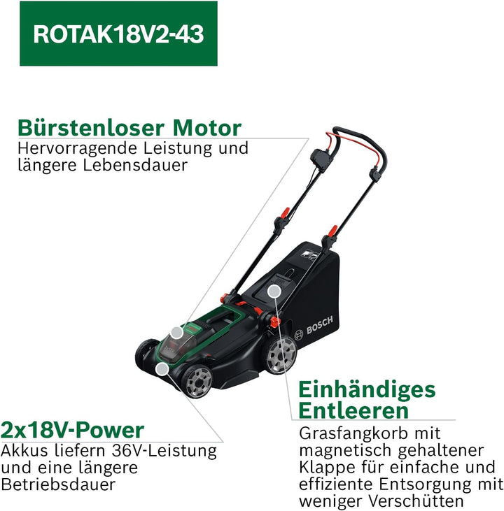 Bosch Akku-Rasenmäher ROTAK18V2-43 (Schnittbreite: 43 cm, Schnitthöhe: 30-75 mm, 40 l Stoff-Grasfang