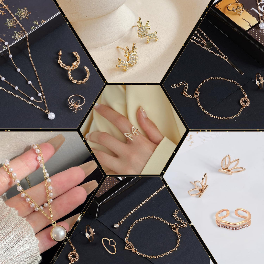 2025 Schmuck Adventskalender für Frauen Mädchen, 24 Überraschungen Count Down Kalender mit Golden Ar