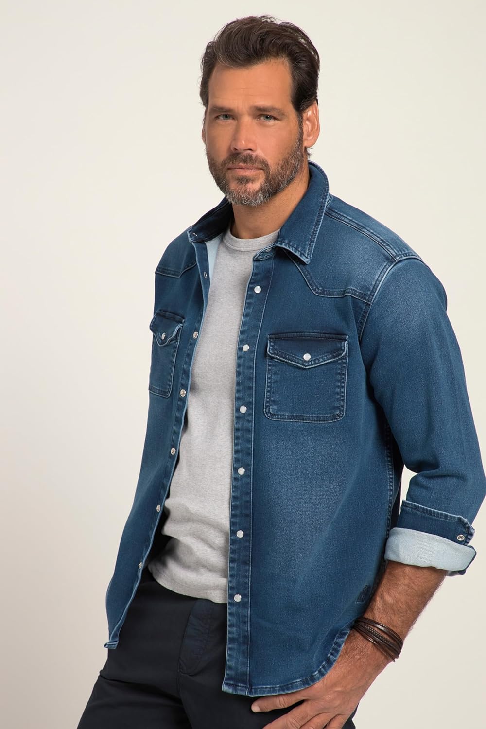 JP 1880 Herren grosse Grössen Übergrössen Menswear L-8XL Jeanshemd, FLEXNAMIC®, Denim, Langarm, Kent