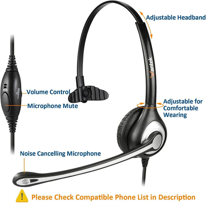 Wantek Telefon Headset Mono mit Noise Cancelling Mikrofon, Quick Disconnect, Call Center Kopfhörer f