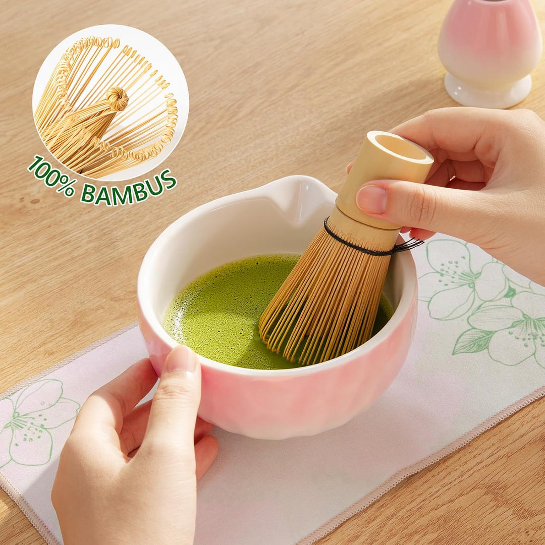 8 Stück Matcha Set Rose mit Besenhalter | Edelstahl-Sieb für klumpenfreien Matcha | Inkl Bambus bese