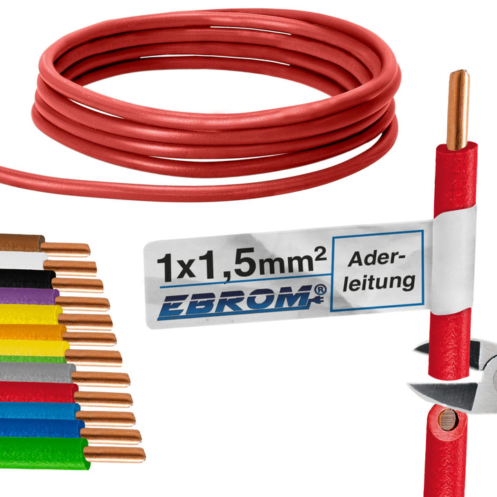 EBROM Aderleitung Einzelader starr H07V-U 1,5 mm² - Farbe: rot, 30 m | von 10 bis 100 m bestellbar 1