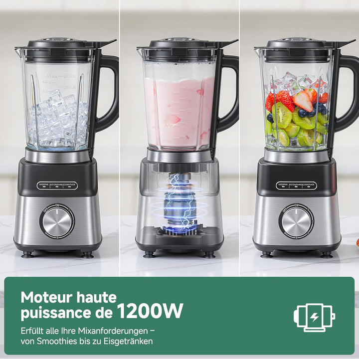 AMZCHEF Standmixer Gas Smoothie Maker mit Glasbehälter & 6-Klingen-System – Hochleistungs-Mixer 1200