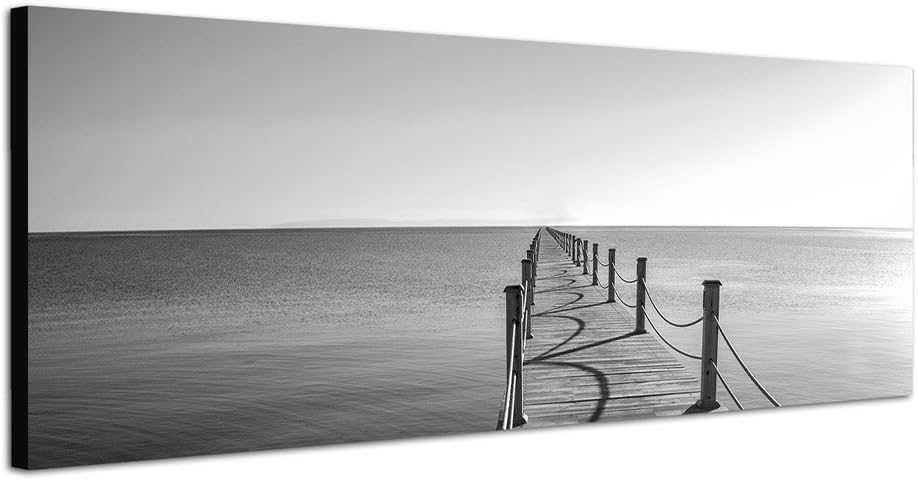Paul Sinus Art Panoramabild auf Leinwand und Keilrahmen 120x40cm Meer Holzsteg schwarz/weiss
