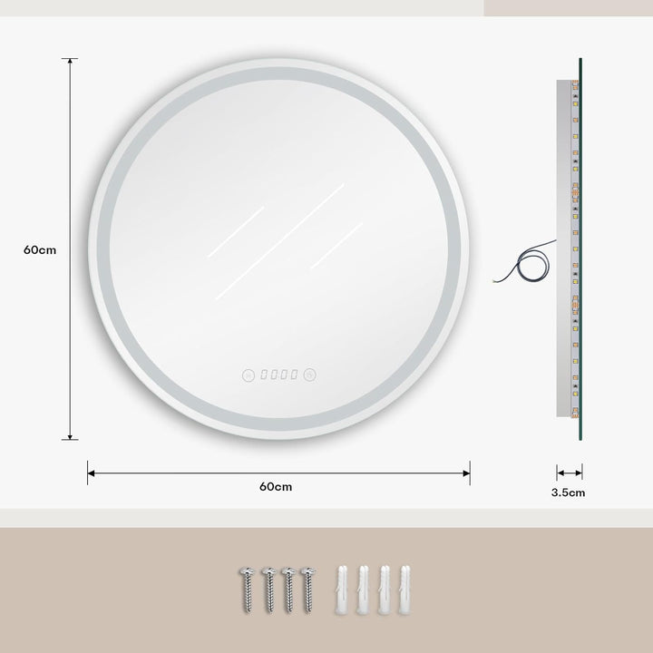 Dripex Badspiegel mit Beleuchtung Rund Led Spiegel mit Uhr und Touch-Schalter, Dimmbar, 3 Lichtfarbe