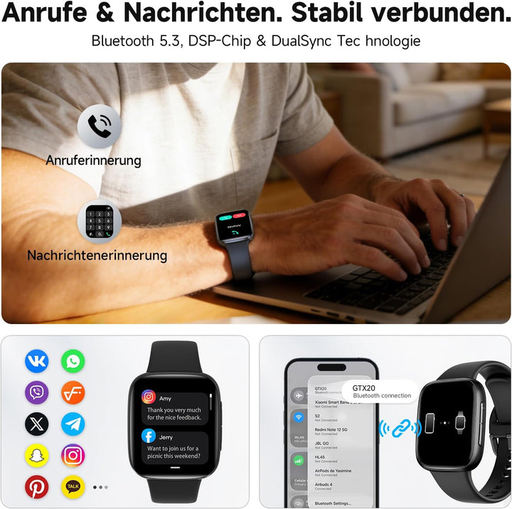 Smartwatch Herren Damen, 1,85" Fitnessuhr mit Telefonfunktion & Whatsapp, Herzfrequenz & Schlafmonit
