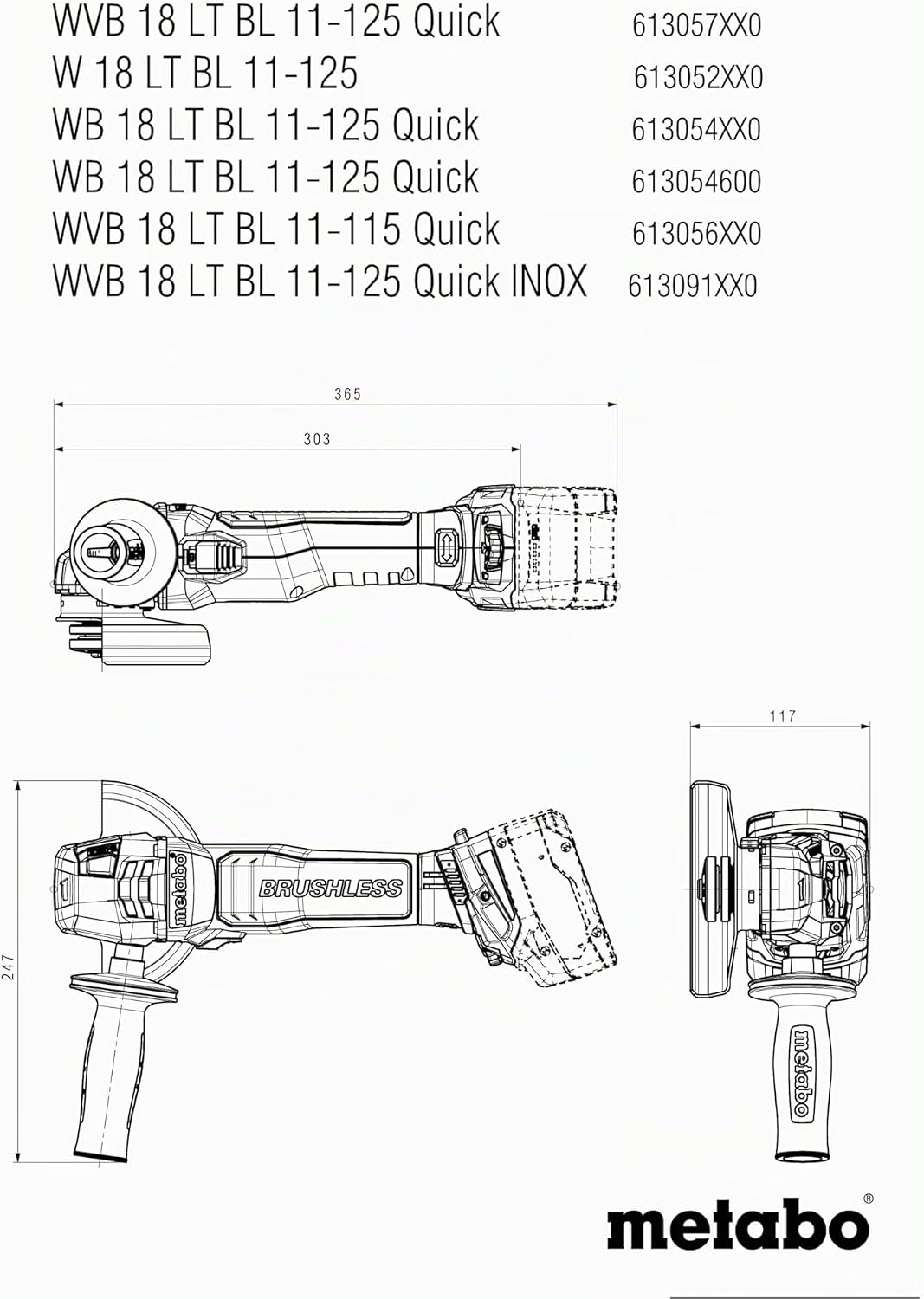metabo Akku-Winkelschleifer WVB 18 LT BL 11-125 Quick - 18 V, 125 mm Scheiben-Ø - Brushless Motor, D