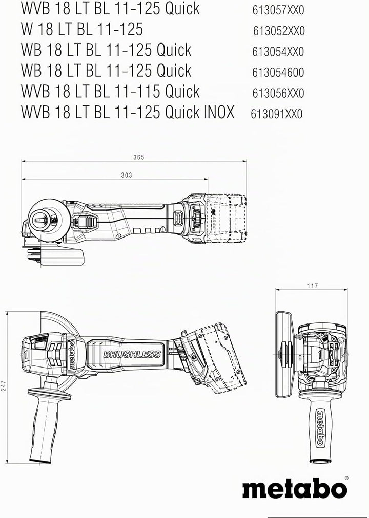 metabo Akku-Winkelschleifer WVB 18 LT BL 11-125 Quick - 18 V, 125 mm Scheiben-Ø - Brushless Motor, D