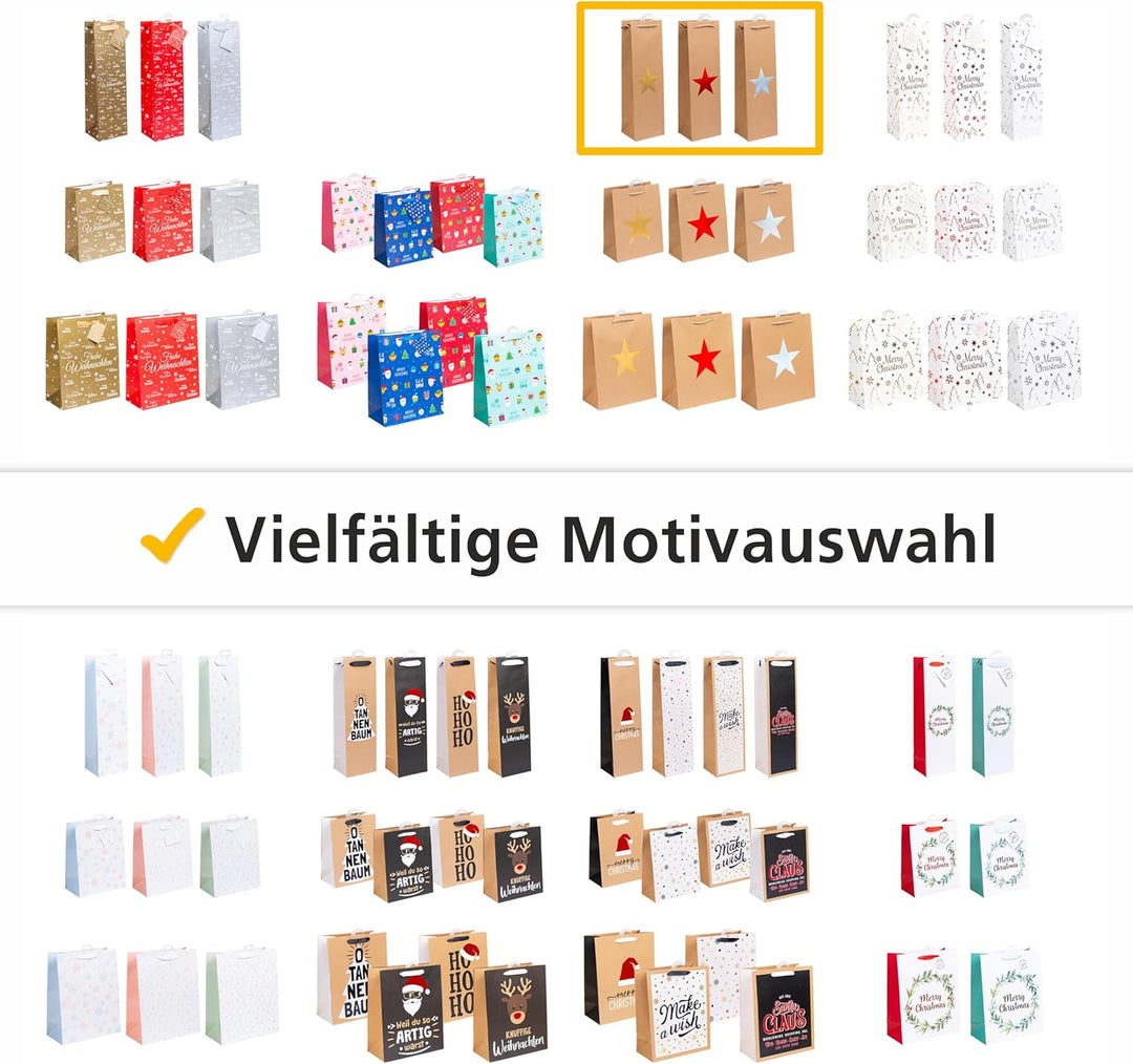 HEKU Weihnachts-Flaschentaschen mit stilvollem Stern-Motiv, 24 Stück, 3 Farben (rot, silber, gold),
