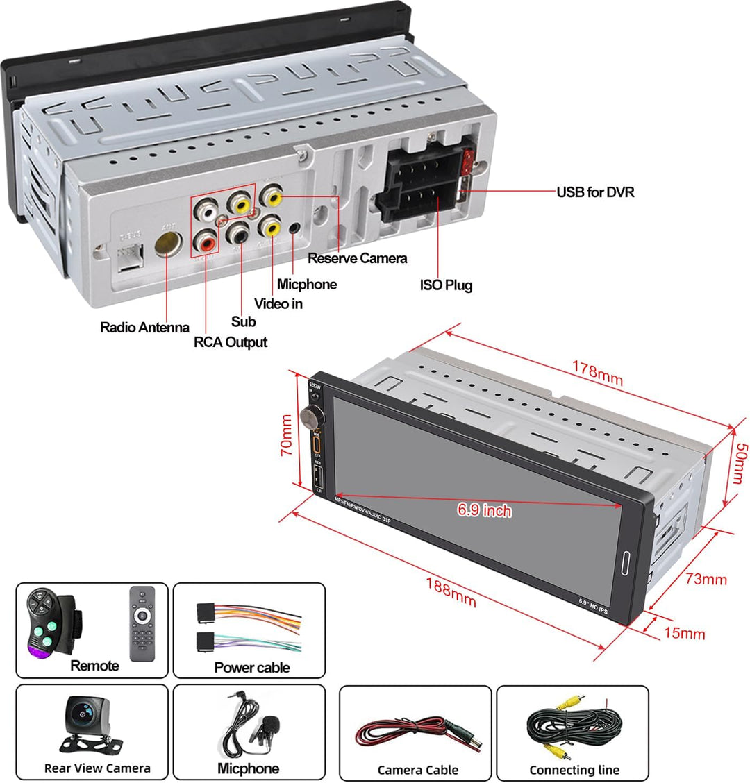 Autoradio 1Din mit Bildschirm (6,9") Kompatibel mit Apple CarPlay [Wireless] Android Auto Bluetooth