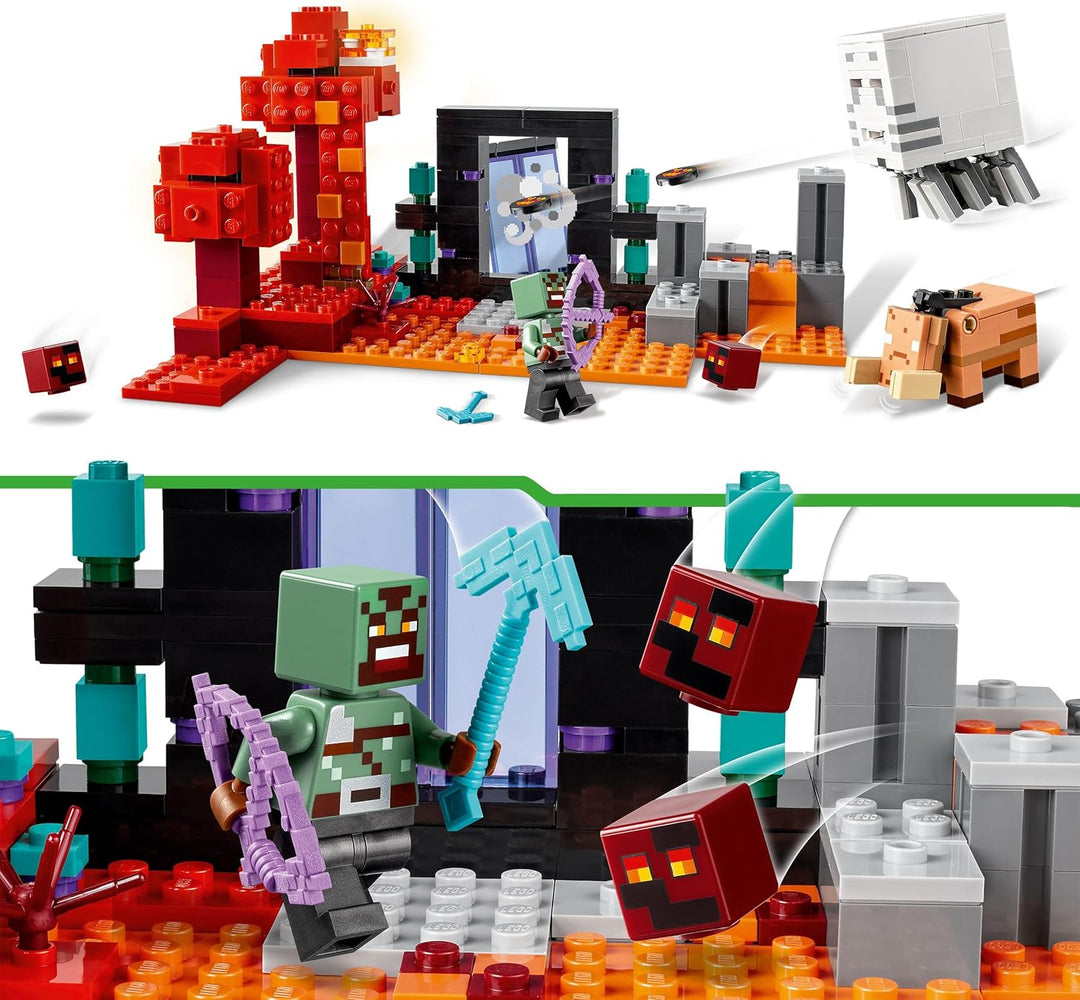 LEGO Minecraft Hinterhalt am Netherportal, Gaming-Spielzeug im Nether für Kinder mit Kampfszenen und