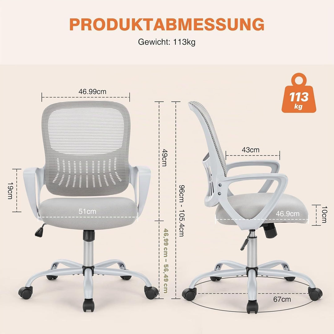 Sweetcrispy Bürostuhl Ergonomisch, Schreibtischstuhl mit Lendenwirbelstütze, Verstellbaren Armlehnen