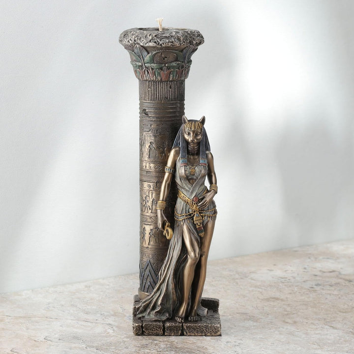 Zeckos gyptische göttin bastet auf s?ule lehnend statue Bronze 10 3/4 Inches Tall
