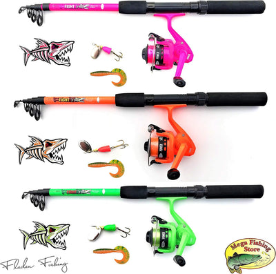 Fladen Kinderangel Starter Set Tele Spinning Combo Grün/Orange/Pink Teleskop Rute Rolle Schnur Spinn