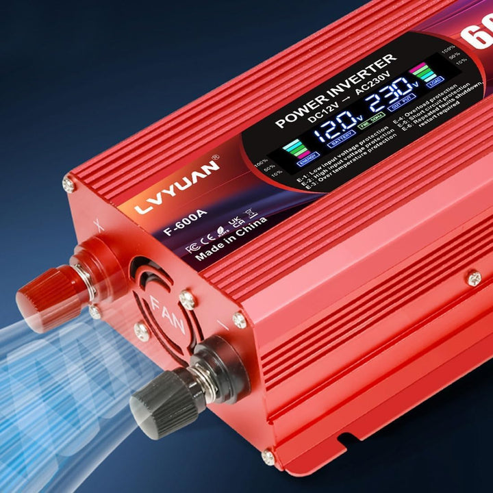 LVYUAN 600W/1200W Wechselrichter DC 12V auf AC 230V Spannungswandler 1 EU Steckdose & 2 USB Port Str