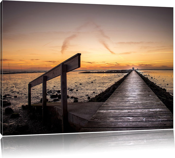 Pixxprint Langer Steg an der Nordsee / 100x70cm Leinwandbild bespannt auf Holzrahmen/Wandbild Kunstd
