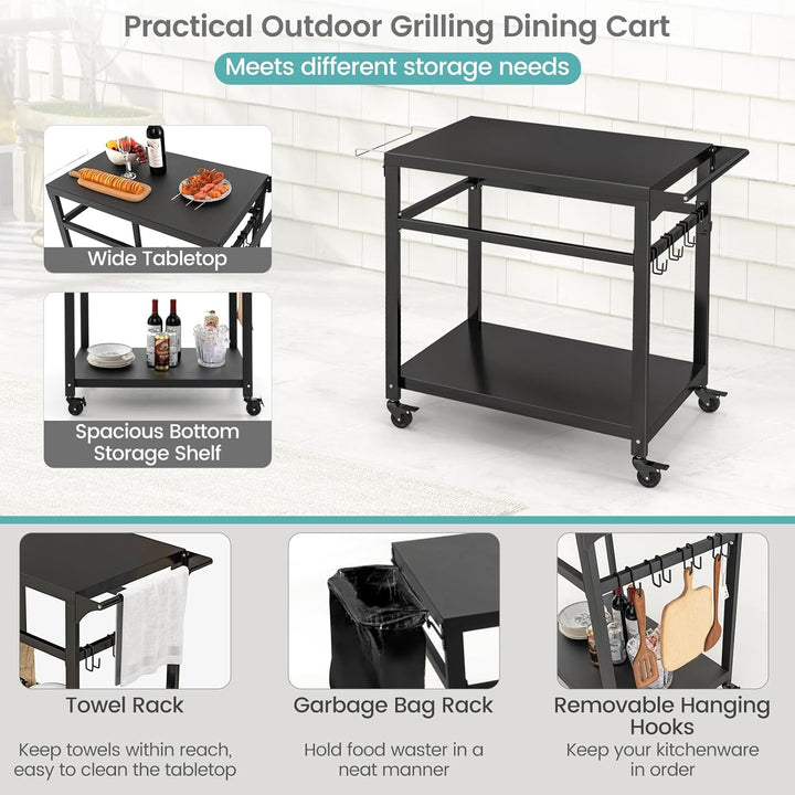 GOPLUS Grillwagen, Grilltisch Outdoor mit Griff, 2 Ablagen, Haken & Rollen, multifunktionaler Pizzat