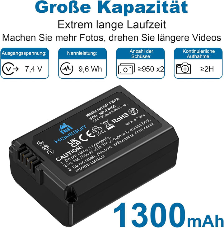 Homesuit NP-FW50 Akku 1300mAh und USB LCD Ladegerät Kit für Sony ZV-E10 A6000 A6300 A6400 A6500 A510