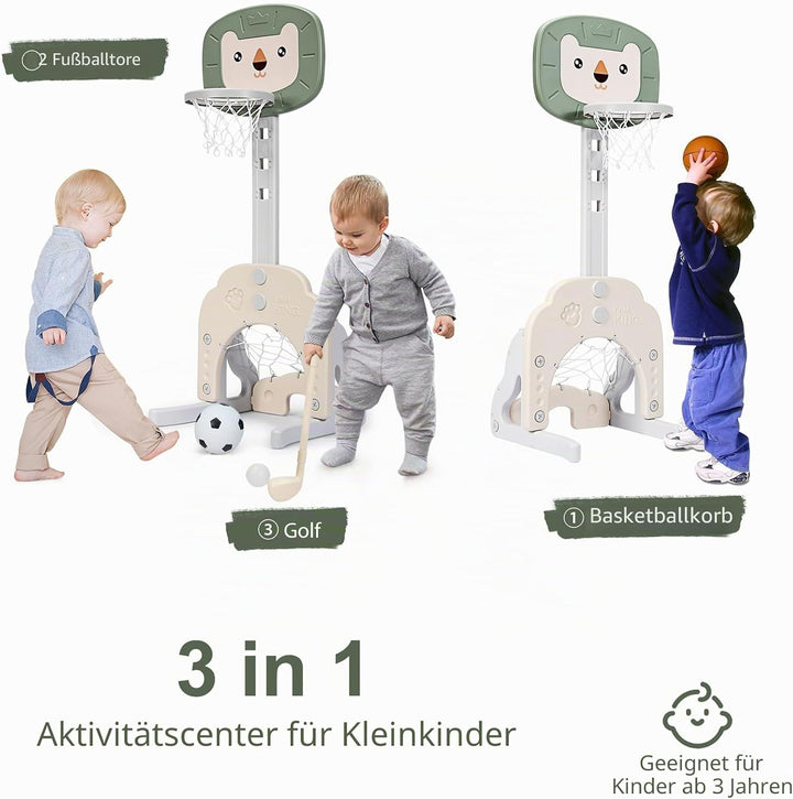 HOMASIS 3 in 1 Kinder Basketballkorb Set, multifunktionaler Basketballständer mit Fussballtor &amp; Golf